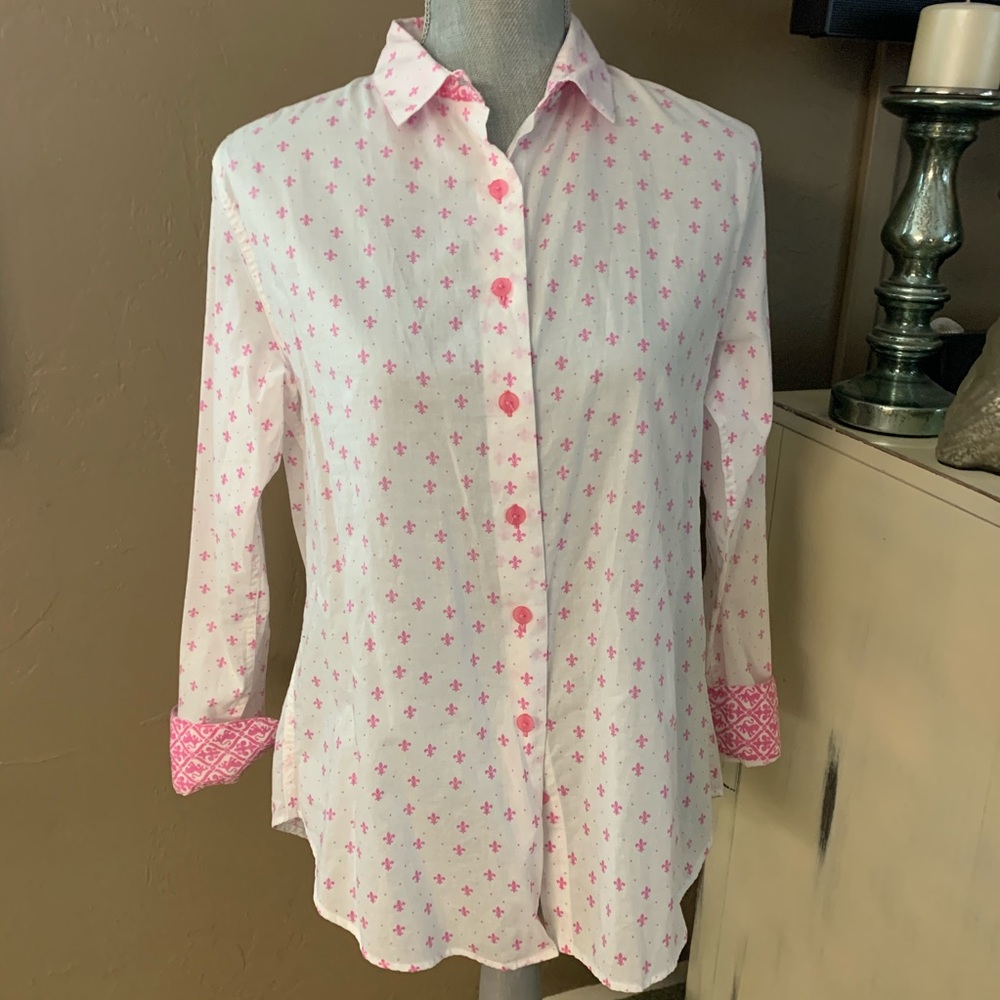 Cape Madras Pink Fleur De Lis Print Button- Up